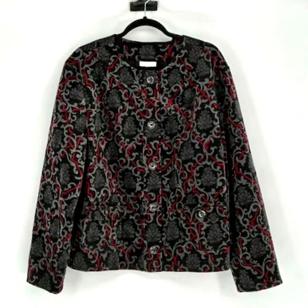 Gray, Black & Red Floral Corduroy 5-Button Cropped Jacket - Plus 2X